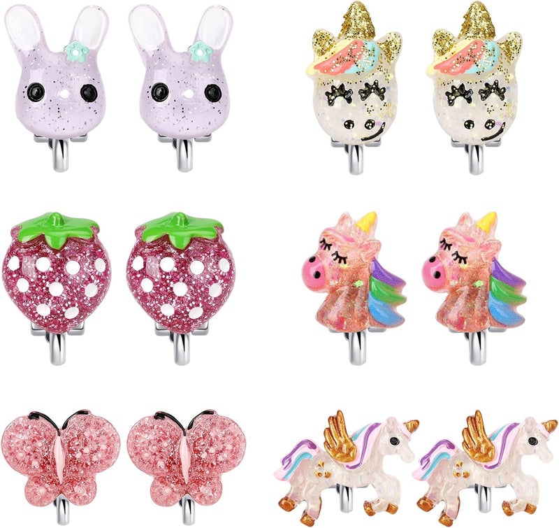 Wingchold Unicorn Clip On Earrings for Little Girls, Bling Butterfly and Strawberry Earrings, Toddler Girls Dress Up Jewelry, 6 Pairs, Best Gift-C - Image 1